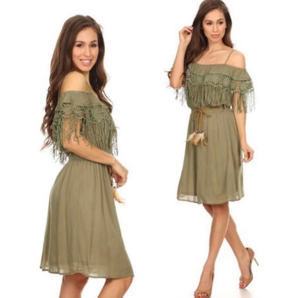 Fringe crochet detail boho dress in olive green. NO BELT NWT - Picture 4 of 10